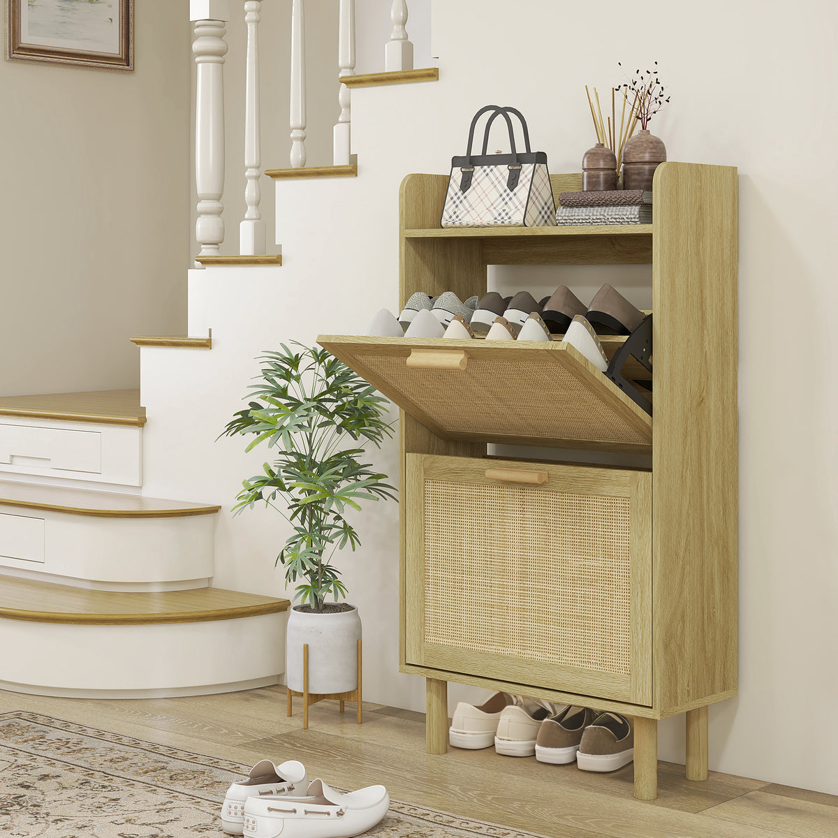 Meuble à chaussures 2 portes abattants étagère effet rotin tissé design bohème - dim. 80L x 24,5l x 110H cm
