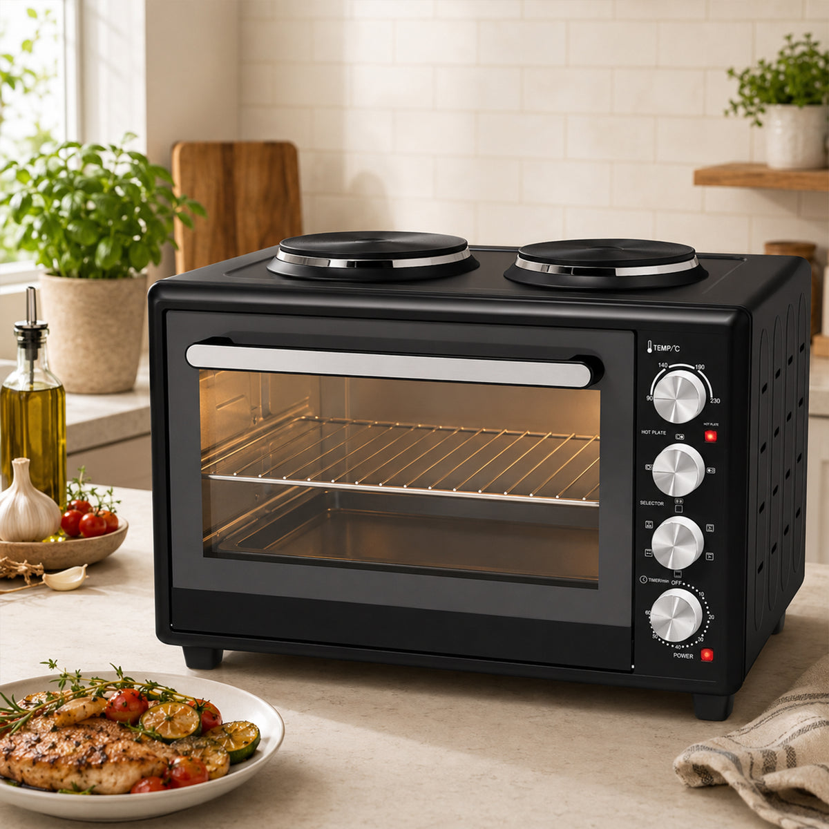Minihorno con 2 placas de cocción y rustidor 46L 2850 W, horno de convección multifunción, temporizador, negro