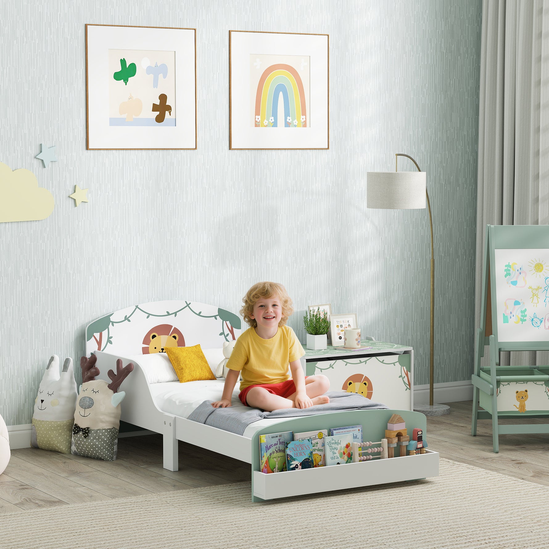 Lit enfant 70 x 140 cm, lit pour enfant avec barriere de securite et sommier à lattes, espace de rangement, vert