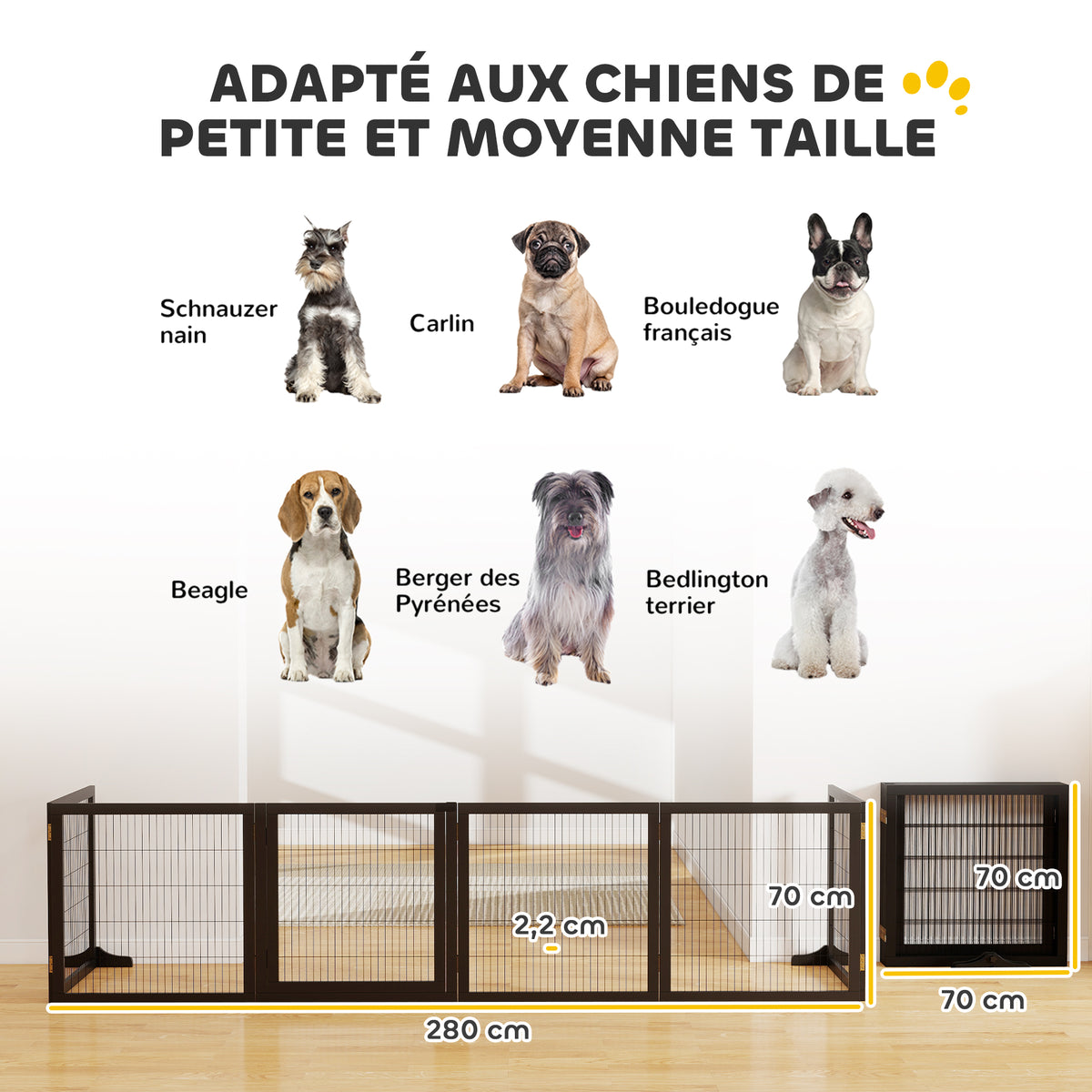 Barrière de sécurité pour chien barrière pliable à 6 panneaux avec pieds amovibles 432 x 36 x 70 cm noir