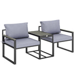 Salon de jardin 3 pièces coussins 14cm et accoudoirs en composite bois-plastique 2 fauteuils et table d'appoint gris