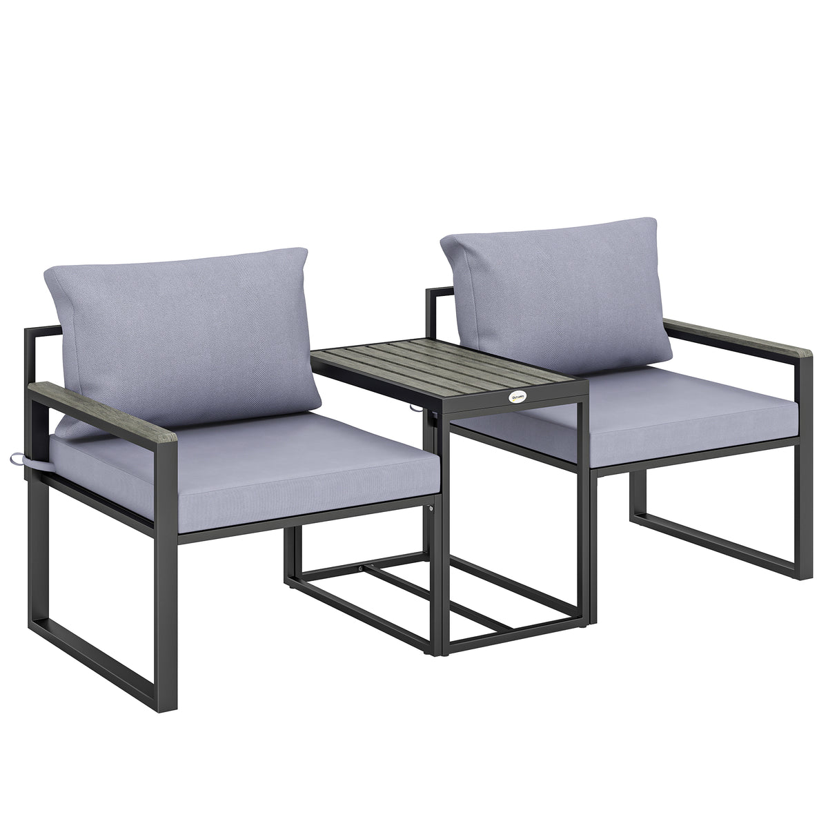 Salon de jardin 3 pièces coussins 14cm et accoudoirs en composite bois-plastique 2 fauteuils et table d'appoint gris