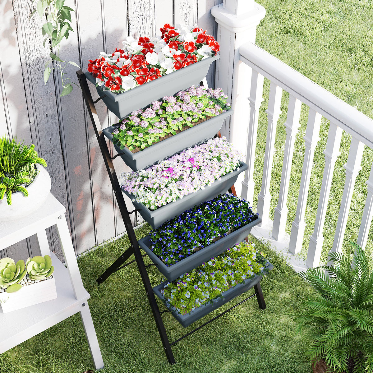 Jardinière surélevée avec étages jardinière verticale avec 5 bacs à fleurs trous de drainage cadre en acier gris