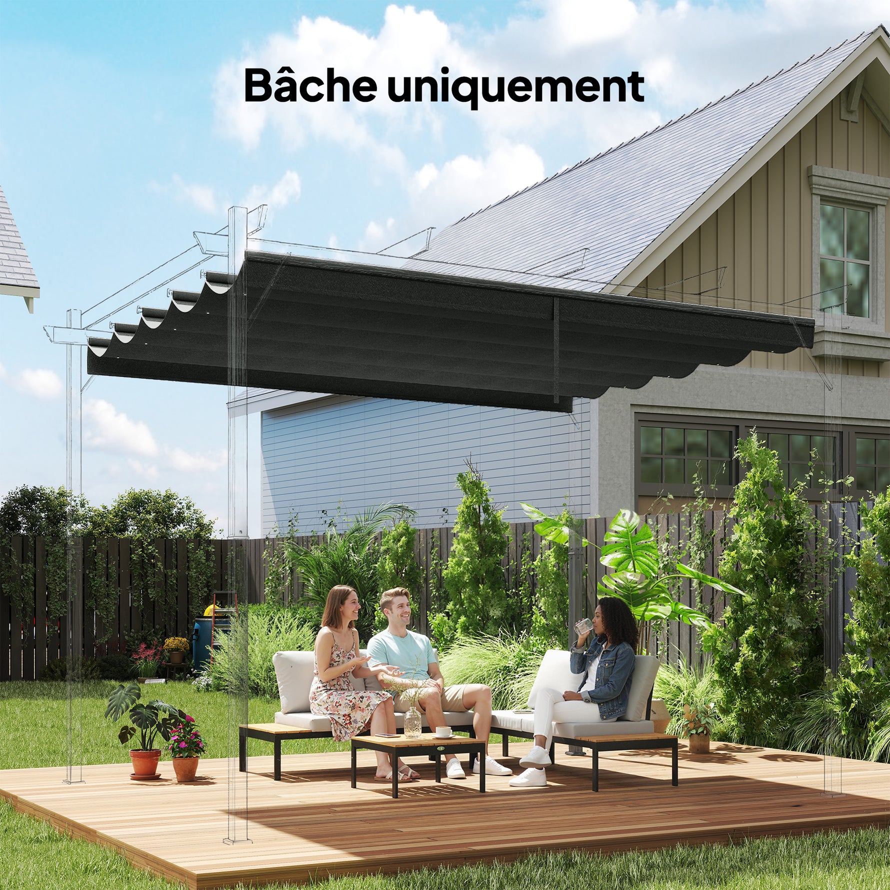 Toile de toit pour pergola tonnelle rétractable de 3 x 3 m - toile uniquement 250 x 255 cm gris foncé