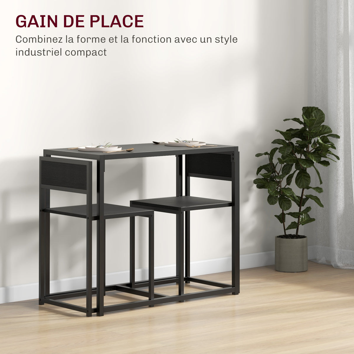 Ensemble table et chaises , table à manger 3 pièces avec 2 chaises encastrables, pour cuisine salon maison, noir