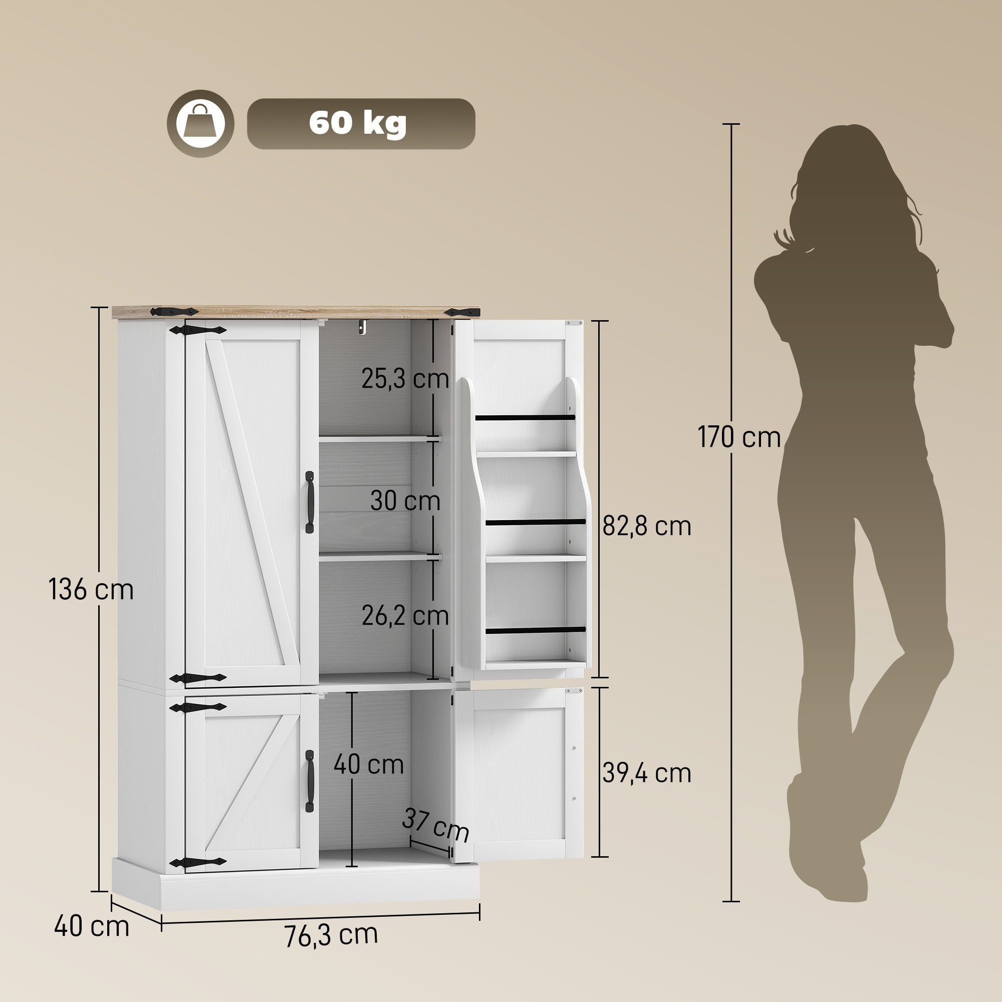 Aparador de cocina, armario de cocina con 4 puertas, 6 especieros y estantes ajustables, 76,3 x 40 x 136 cm, blanco