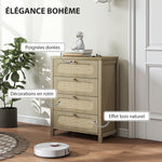 Commode 4 tiroirs meuble de rangement style bohémienne avec portes résine tressée, 70 x 38 x 93 cm, effet bois naturel