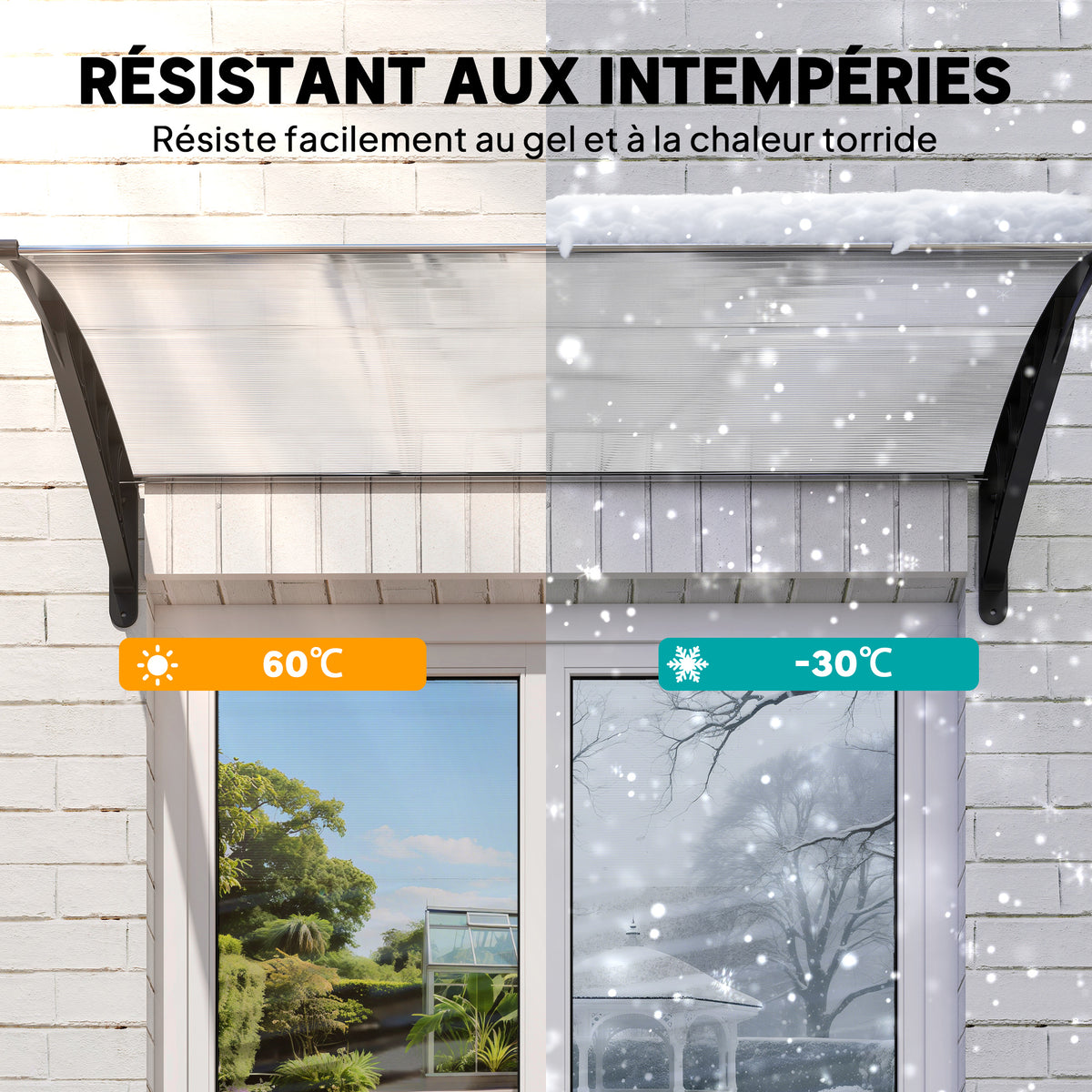 Auvent de porte d'entrée toit marquise en polycarbonate protection contre pluie neige UV 0,9 x 1,5 m, transparente