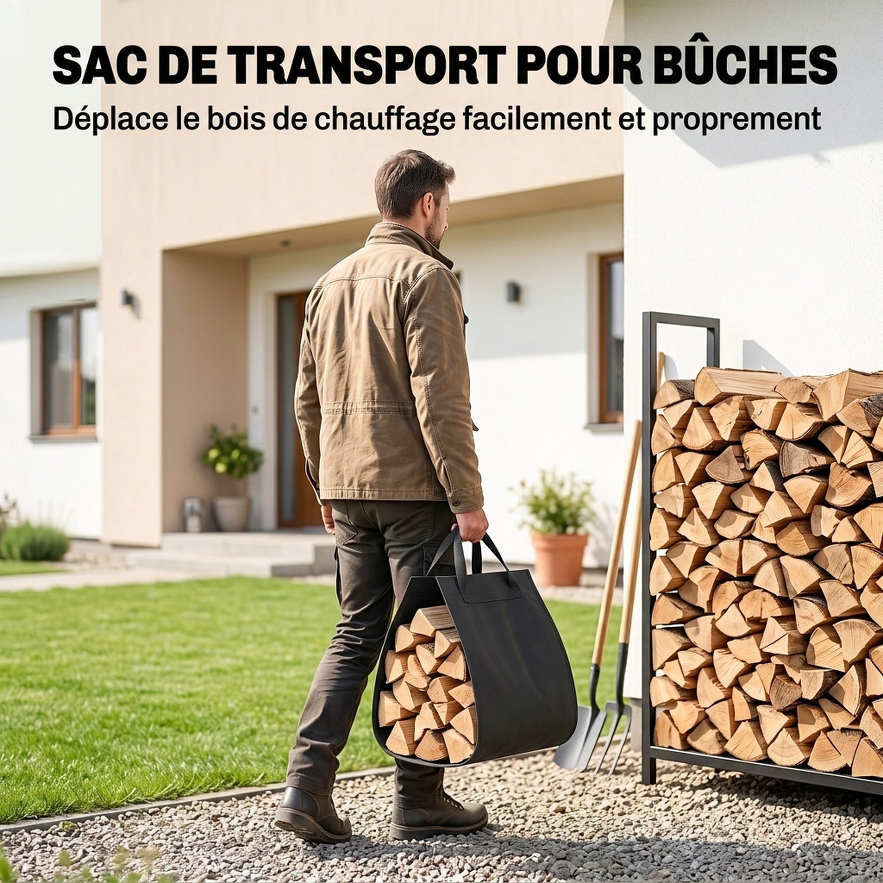 Serviteur de Cheminée 6 Pièces avec Sac à Bûches, Brosse, Pelle, Tisonnier, Pince et Support, 30 x 22 x 86 cm, Noir