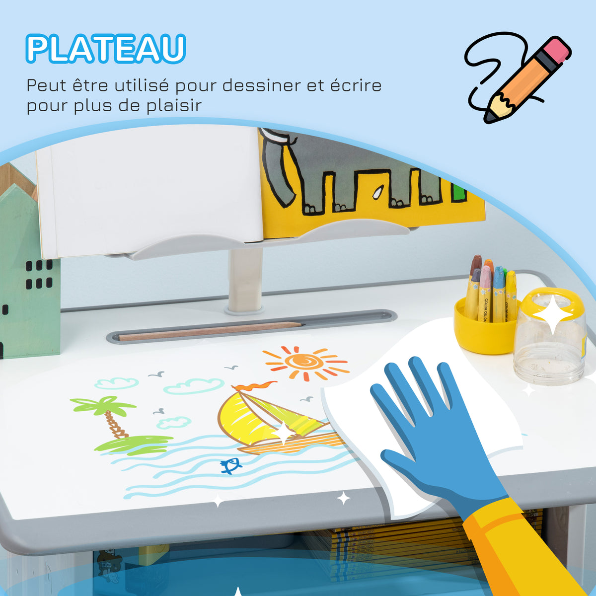 Bureau et chaise pour enfant lot de 2 avec support de lecture casier crochet et porte stylo 60 x 45x 90-102 cm gris