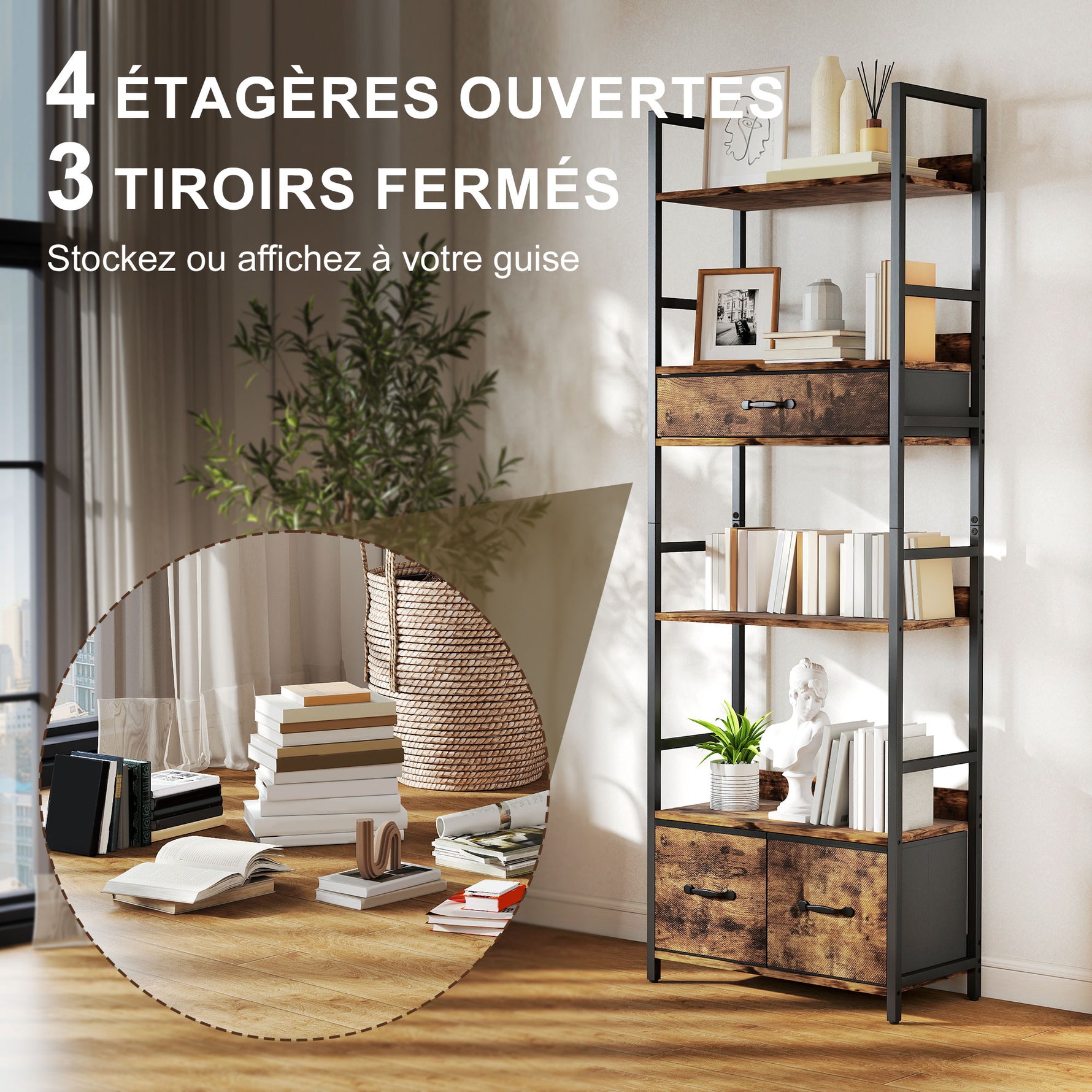 Bibliothèque étagère de rangement à 6 niveaux avec 4 étagères, 3 tiroirs en tissu, 60x30x176cm, brun rustique
