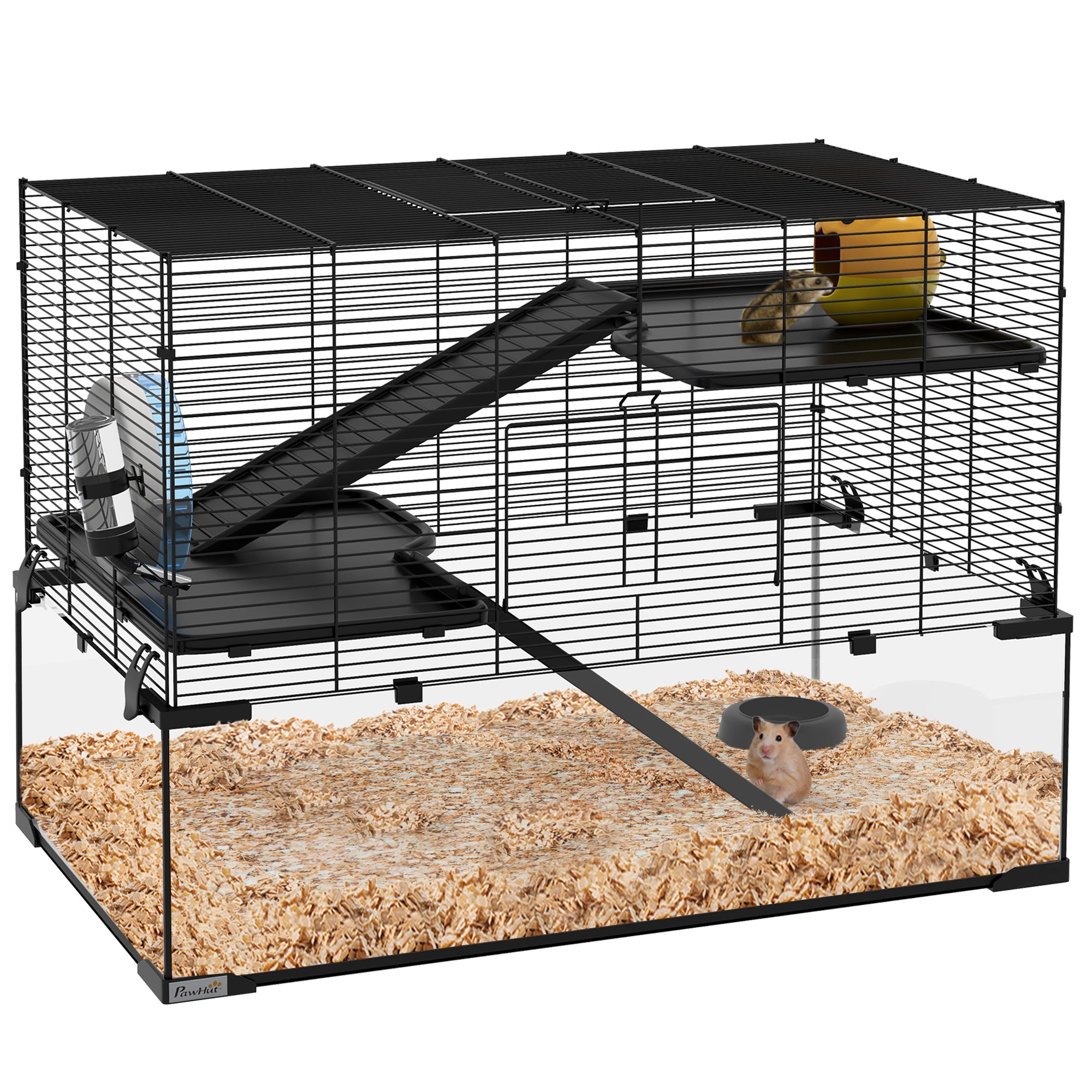 Cage hamster cage rongeur 3 niveaux avec roue rampes maisonnette abreuvoir mangeoire 76,5L x 48,5l x 54,5H cm noir
