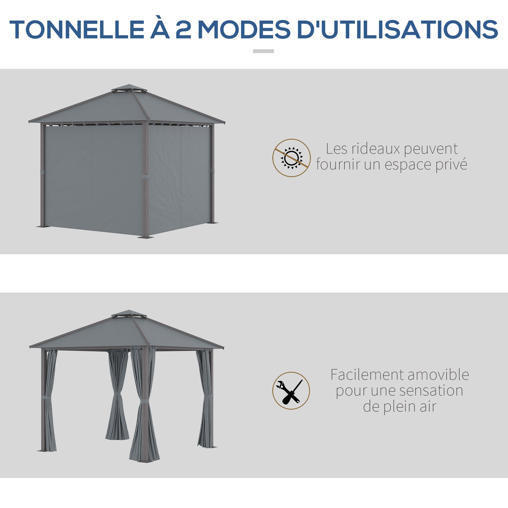 Tonnelle de jardin pour terrasse avec 4 parois latérales double toit protection solaire 3 x 3 m gris