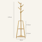 Portemanteau sur pied en bois bambou portant à vêtements 8 patères 3 étagères 46 x 46 x 175 cm naturel