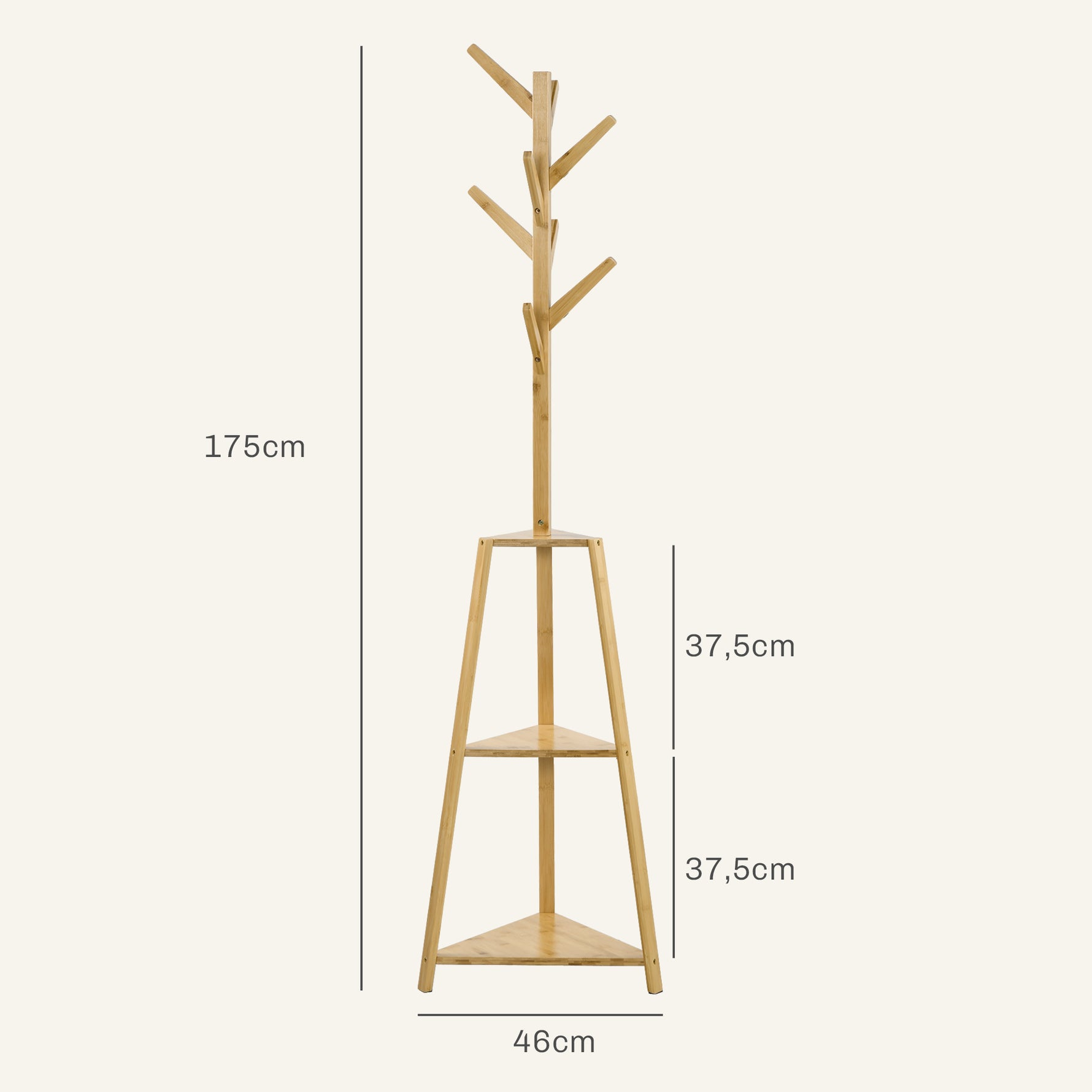 Portemanteau sur pied en bois bambou portant à vêtements 8 patères 3 étagères 46 x 46 x 175 cm naturel