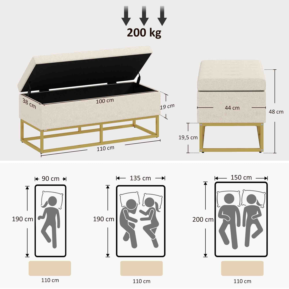 Banc banquette coffre de rangement 2 en 1 assise capitonnée et pieds acier 110 x 44 x 48 cm beige et doré