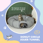 Tunnel pour chat intérieur rond tunnel avec lit et coussin, pliable, avec trous pour balles et judas, Ø 90 x 27 cm gris