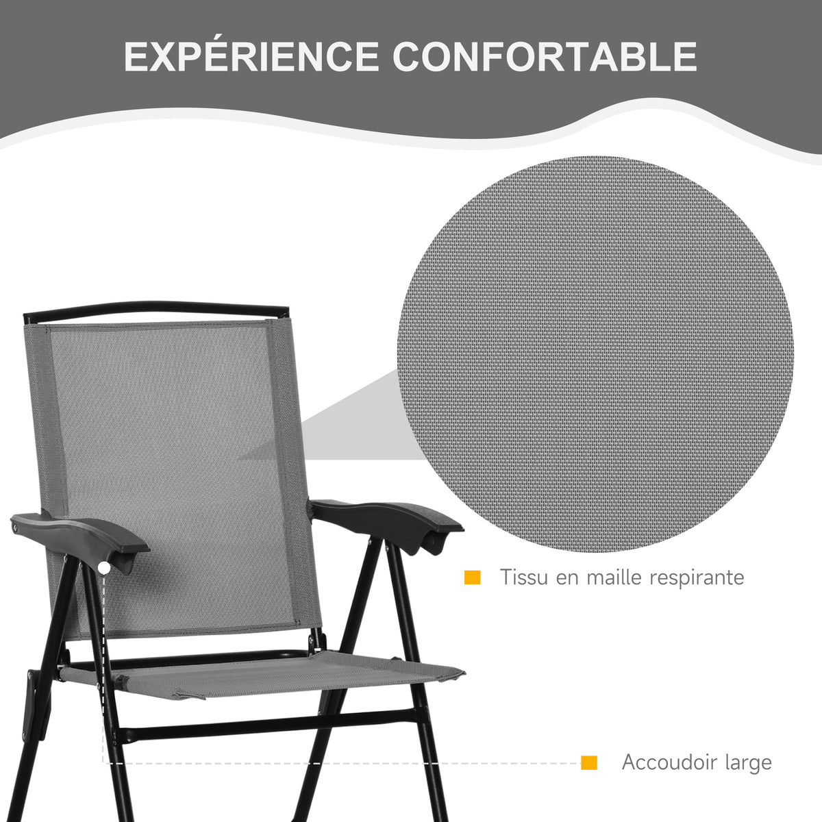 Ensemble de jardin 3 pièces 2 chaises inclinables multi-positions pliables table ronde verre trempé métal textilène gris