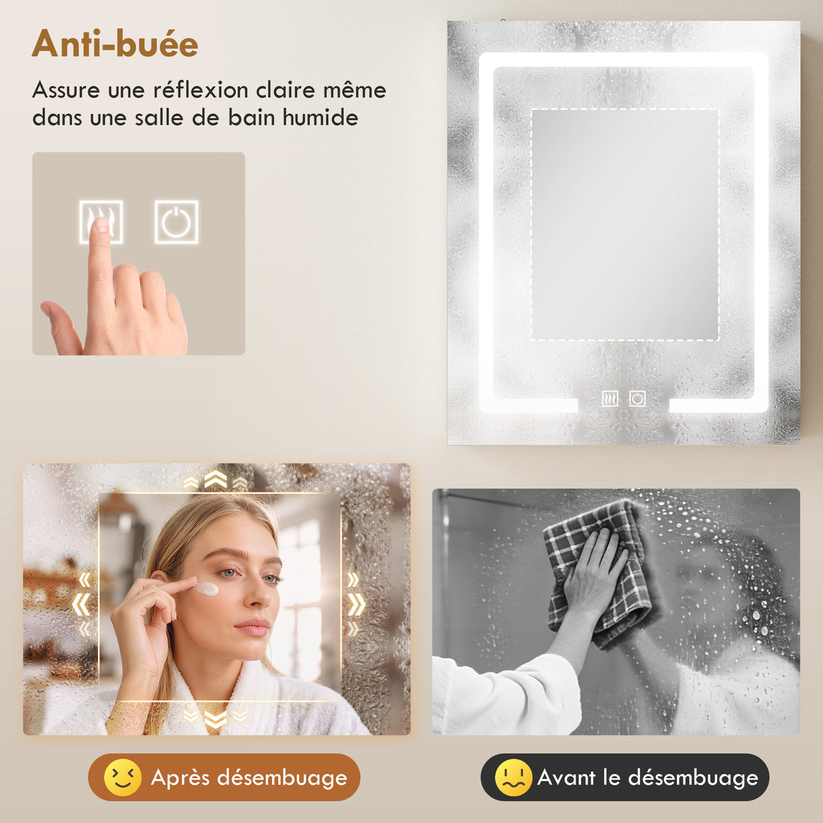 Armoire murale salle de bain avec miroir et éclairage LED, anti-buée, étagères réglables, 50 x 15 x 60 cm, blanc