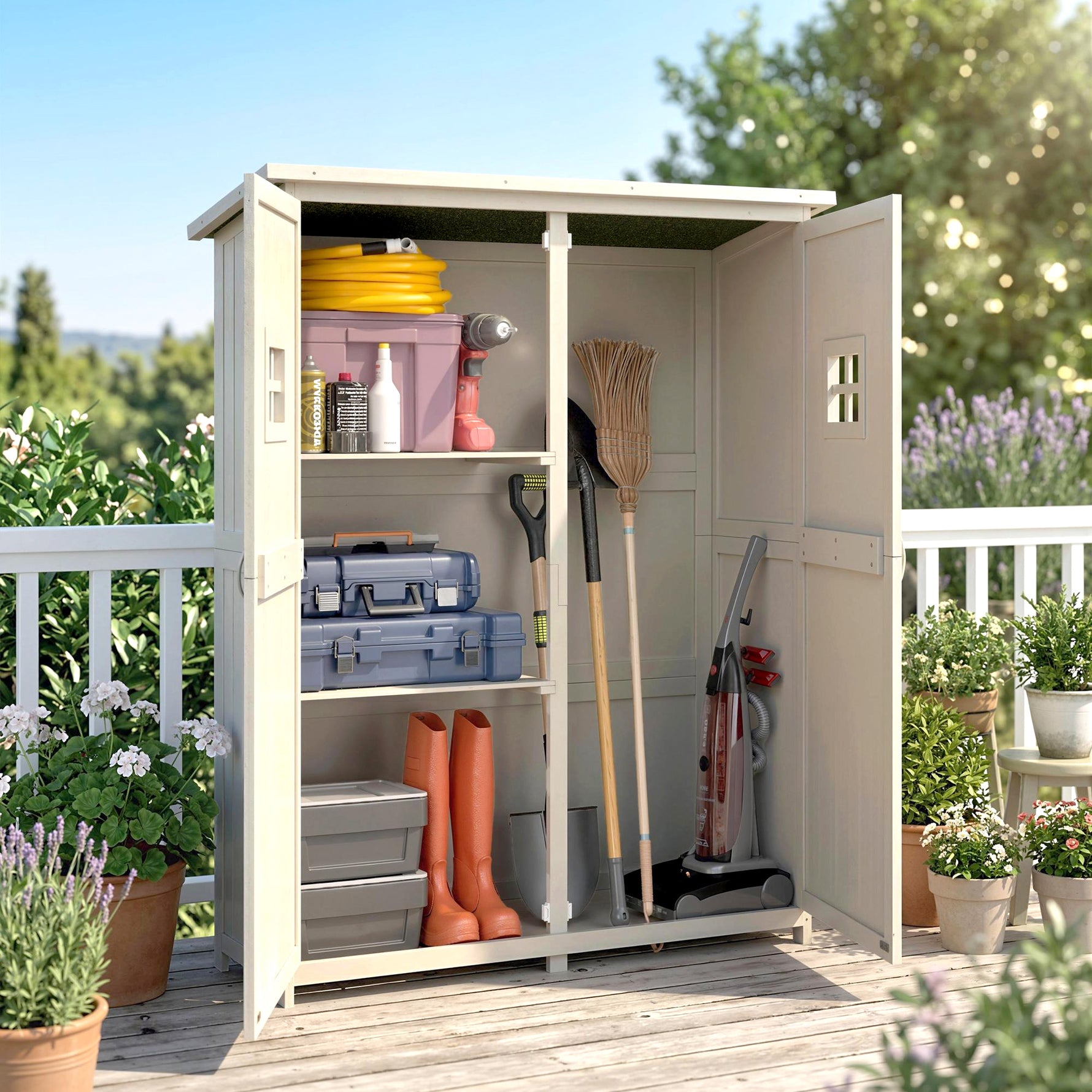 Abri de Jardin en bois Armoire de Jardin dim. 127,5L x 50l x 164H cm 2 étagères 2 Portes 2 fenêtres Toit bitumé étanche Bois Massif Sapin pré-huilé Gris