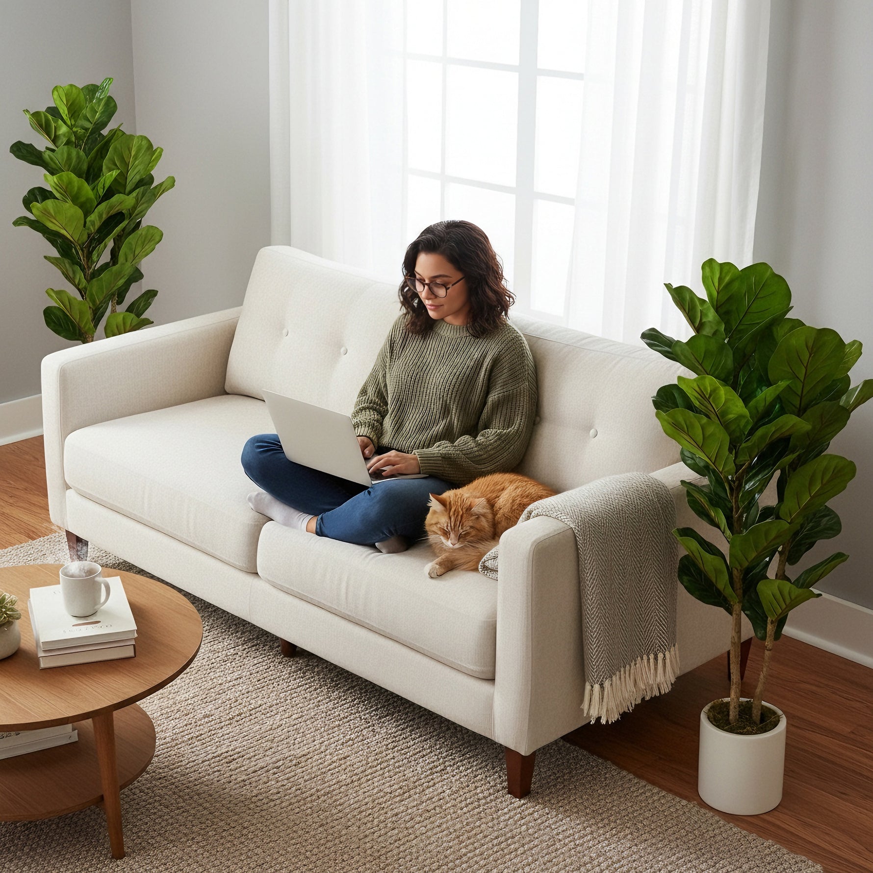 Lot de 2 plantes artificielles 120 cm Figuier lyre arbre artificiel avec pot en plastique et tronc en bois massif, vert