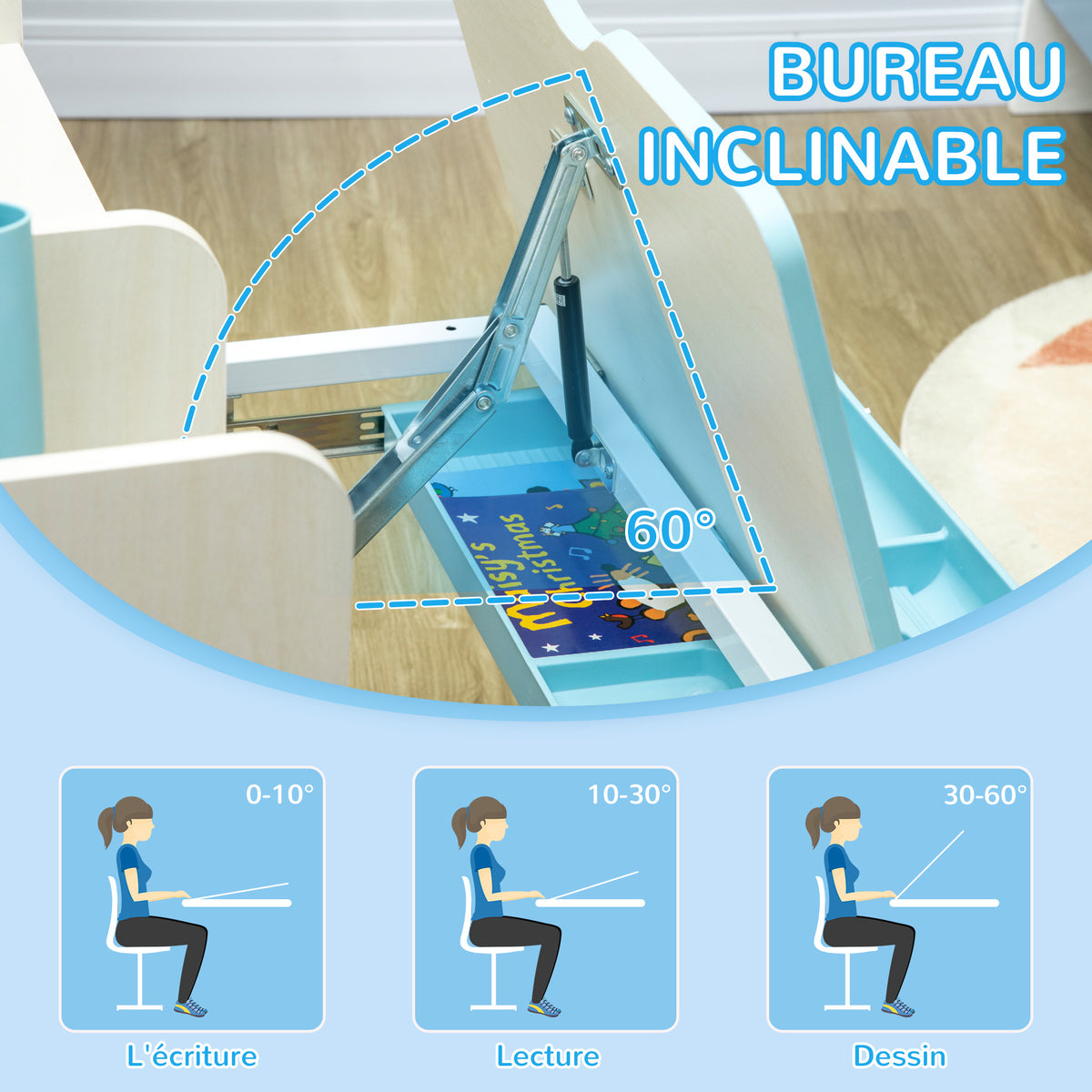 Ensemble bureau et chaise pour enfants hauteur réglable et plateau inclinable 0-60° table 80 x 52 x 88-109 cm bleu
