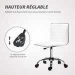 Chaise bureau sans accoudoirs, fauteuil de bureau, hauteur réglable, assise et dossier rembourrés, 48x52x78-90cm, blanc