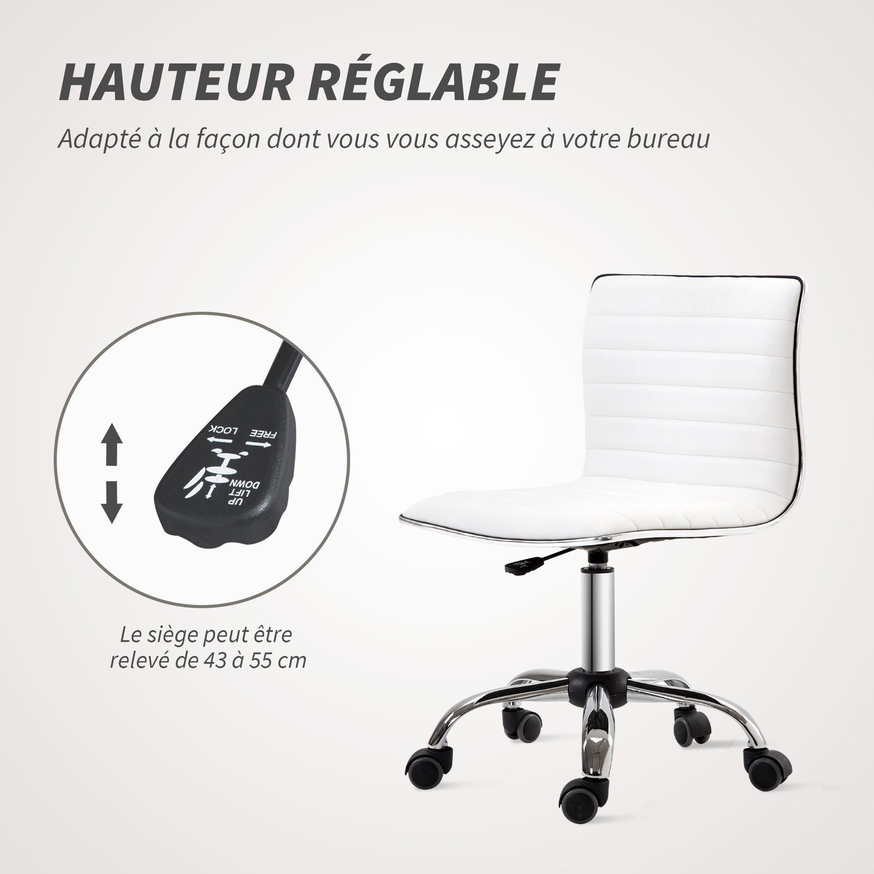 Chaise bureau sans accoudoirs, fauteuil de bureau, hauteur réglable, assise et dossier rembourrés, 48x52x78-90cm, blanc