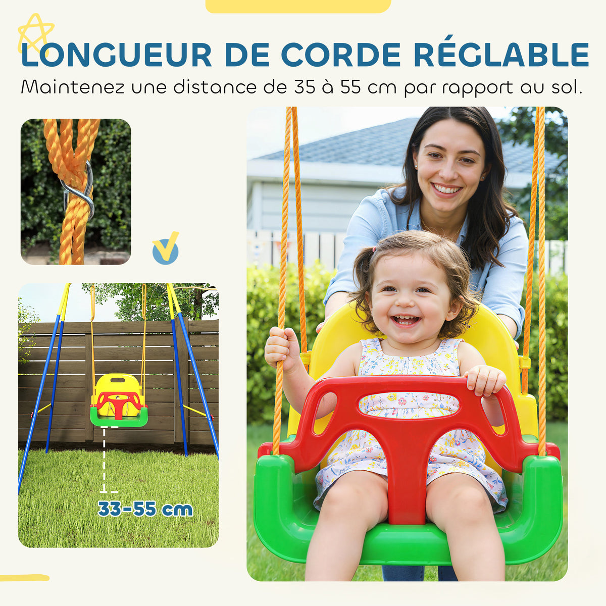 Portique Balançoire Enfants 3-en-1, Balançoire Pliable avec Siège Réglable, Intérieur et Extérieur, Multicolore