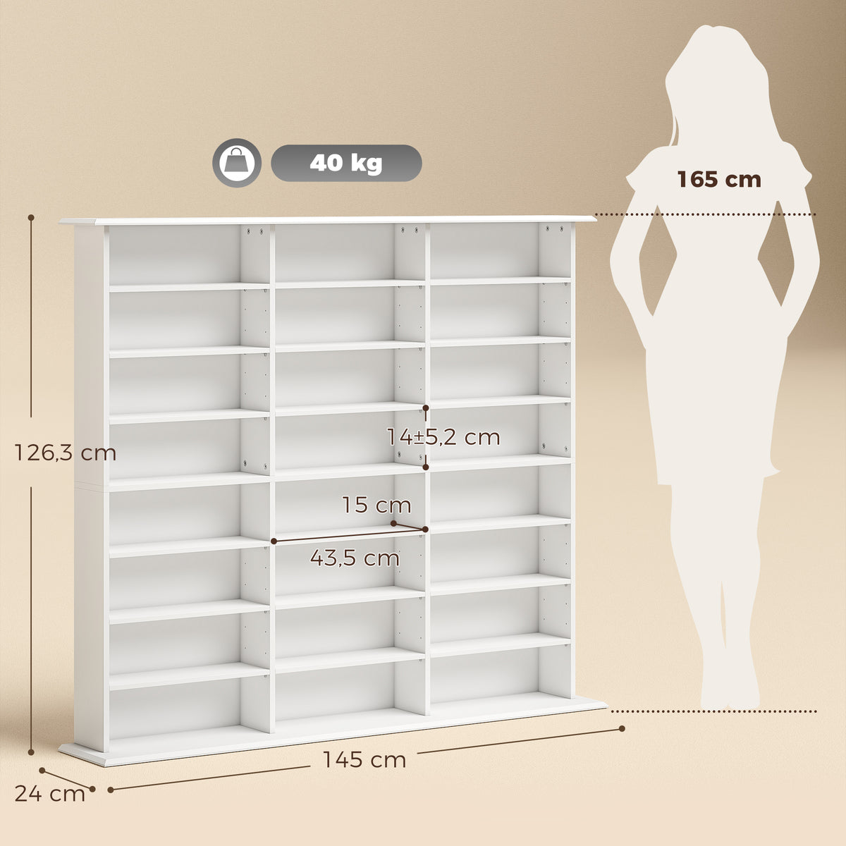 Meuble de rangement 1032 CDs / 594 DVDs, étagère multimédia, 24 compartiments et 18 étagères ajustables, blanc