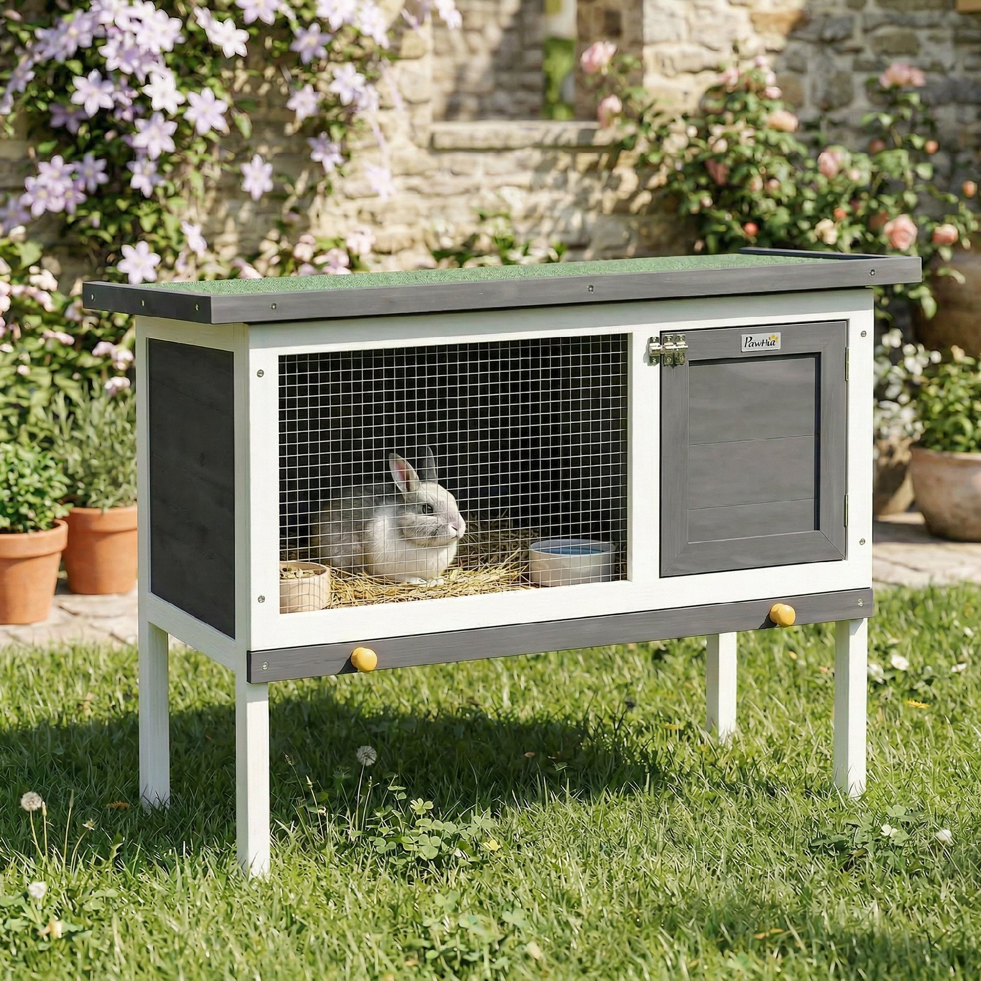Clapier Lapin Extérieur en Bois, avec Toit Ouvrable en Asphalt et Plateau Coulissant, Design Surélevé, 90x45x65cm, Gris