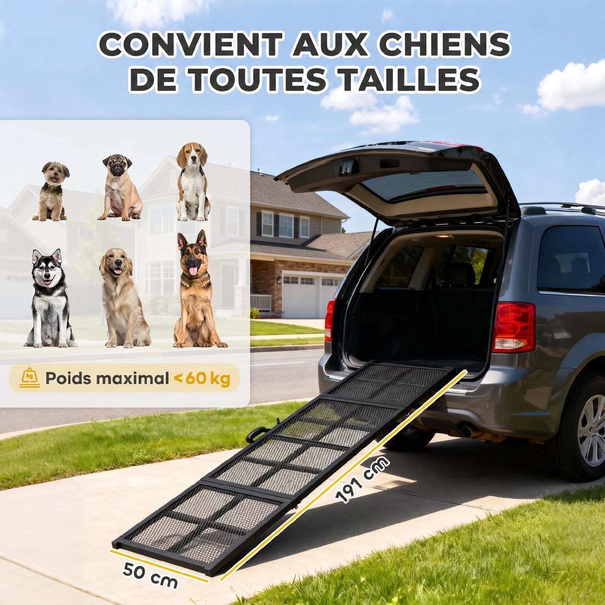 Rampe pour Chien Pliable en Acier, Escalier pour Chien avec Surface Antidérapante, Charge 180 kg, 191 x 50 x 4 cm, Noir