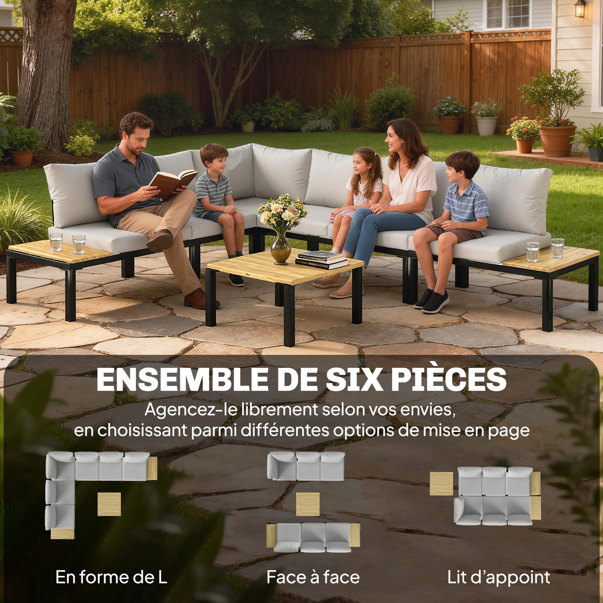 Salon de Jardin Modulaire 6 Pièces Ensemble Canapé Extérieur Transformable en Lit Table Basse et Plateaux Latéraux Gris