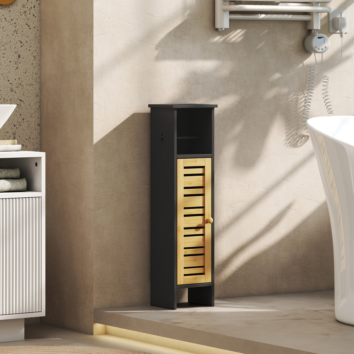 Meuble de salle de bain avec support papier toilette barre amovible 3 Niveaux + Sortie Papier, 78H cm, Bambou noir