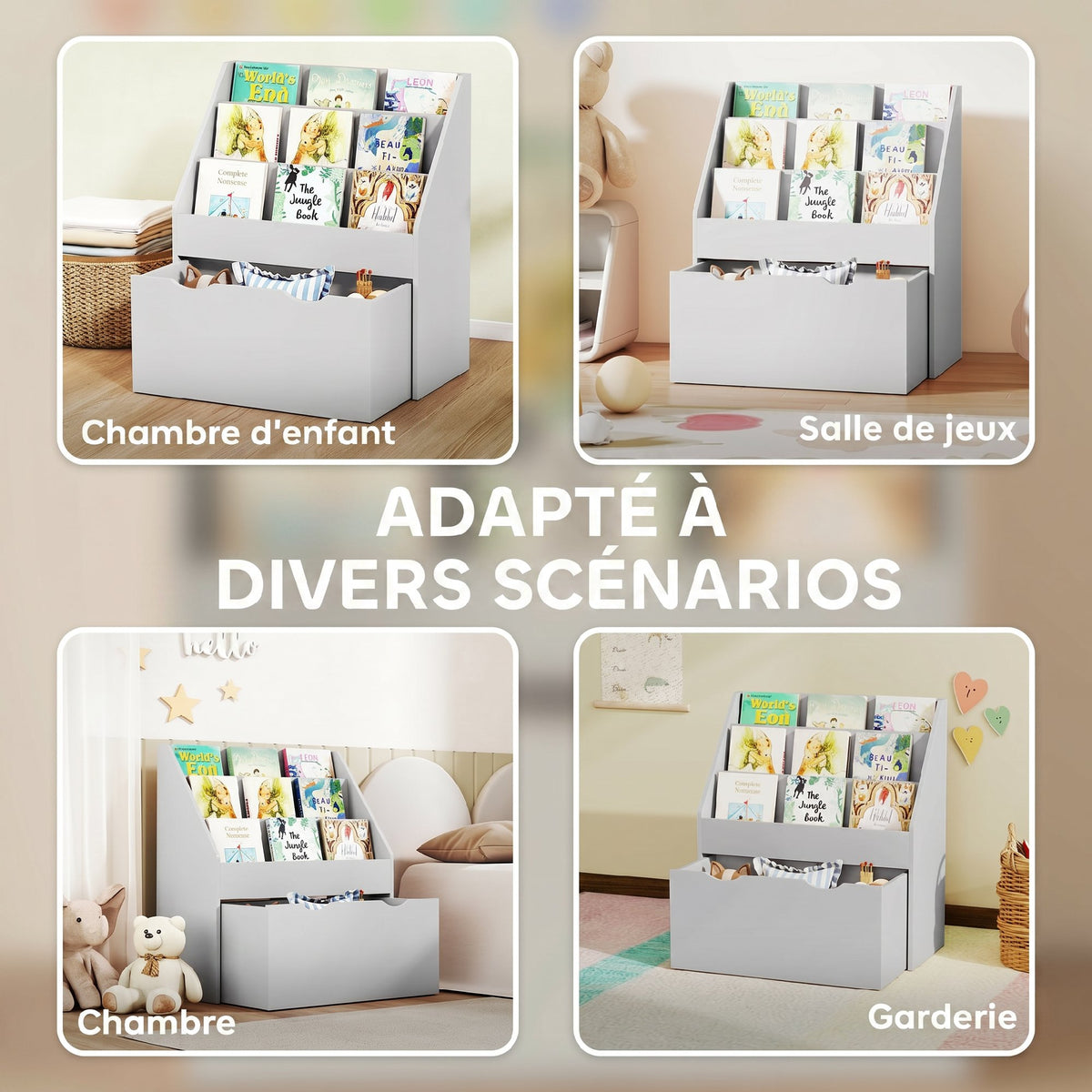 Bibliothèque pour enfants Multi-Rangement avec 3 niveaux d'étagères et un tiroir, 62,5L x 30l x 70H cm, gris