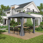 Tonnelle de jardin pour terrasse avec 4 parois latérales double toit protection solaire 3 x 3 m gris