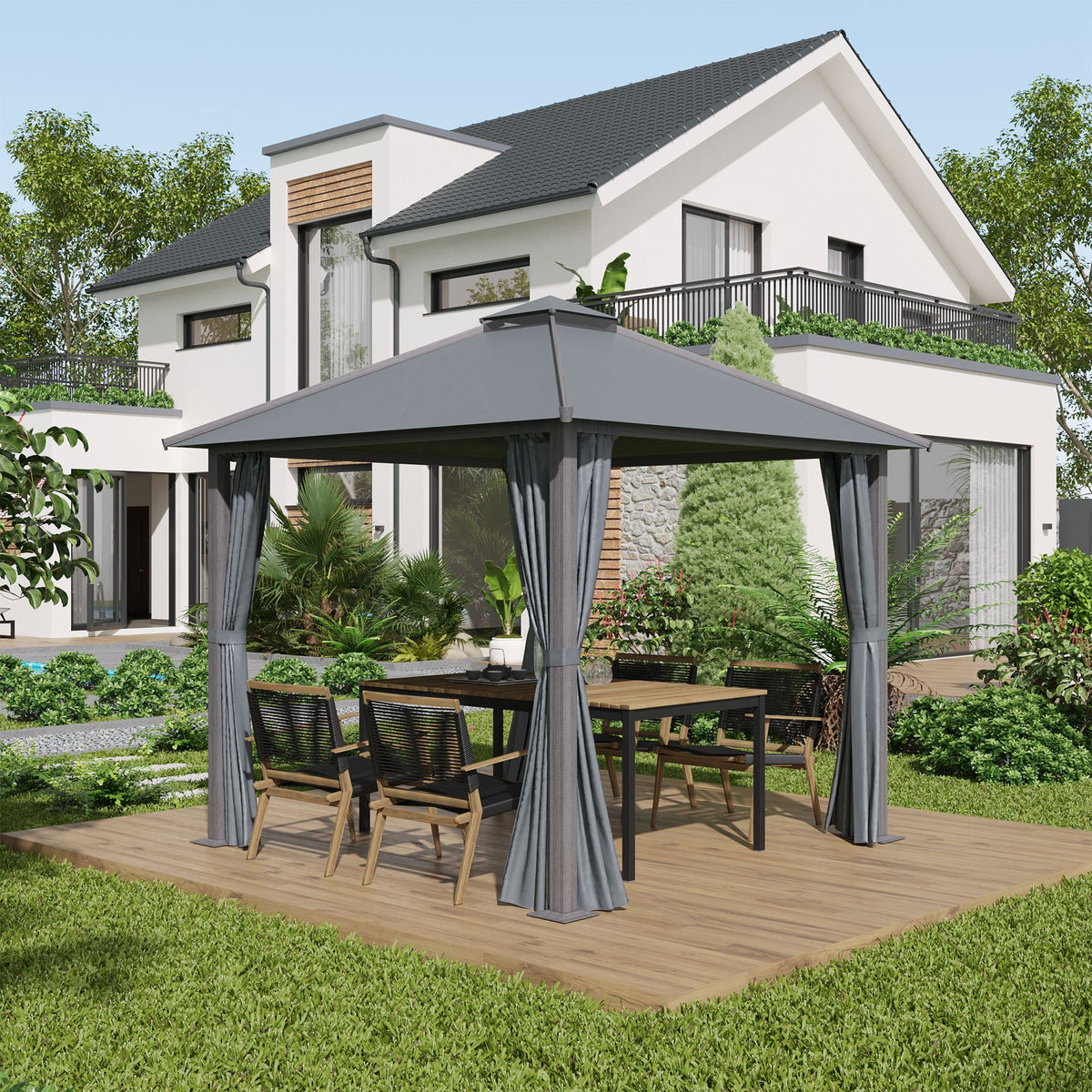 Tonnelle de jardin pour terrasse avec 4 parois latérales double toit protection solaire 3 x 3 m gris