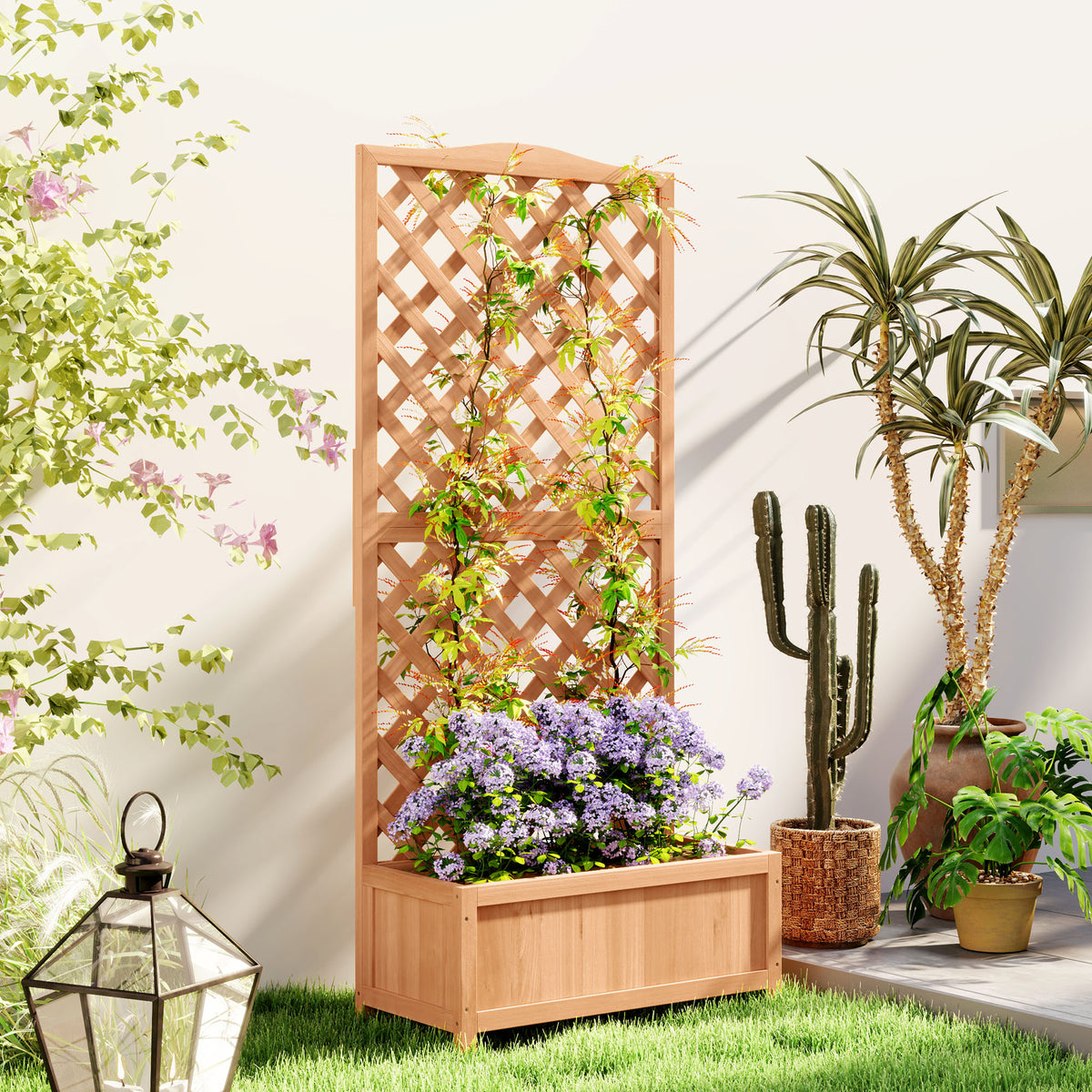 Jardinière avec treillis bac à fleurs avec treillis fond à lattes bois massif 76 x 36 x 170 cm marron