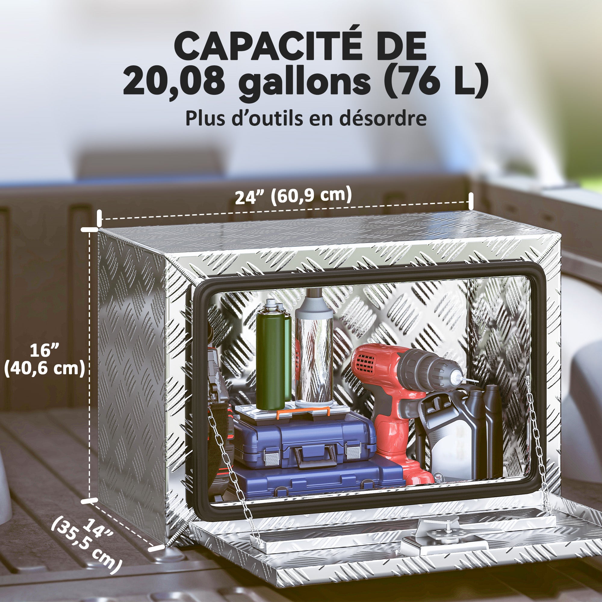 Boîte à outils pour camion en aluminium, 60,9 x 35,5 x 40,6 cm, coffre de rangement 76 L avec serrure et clés, argent
