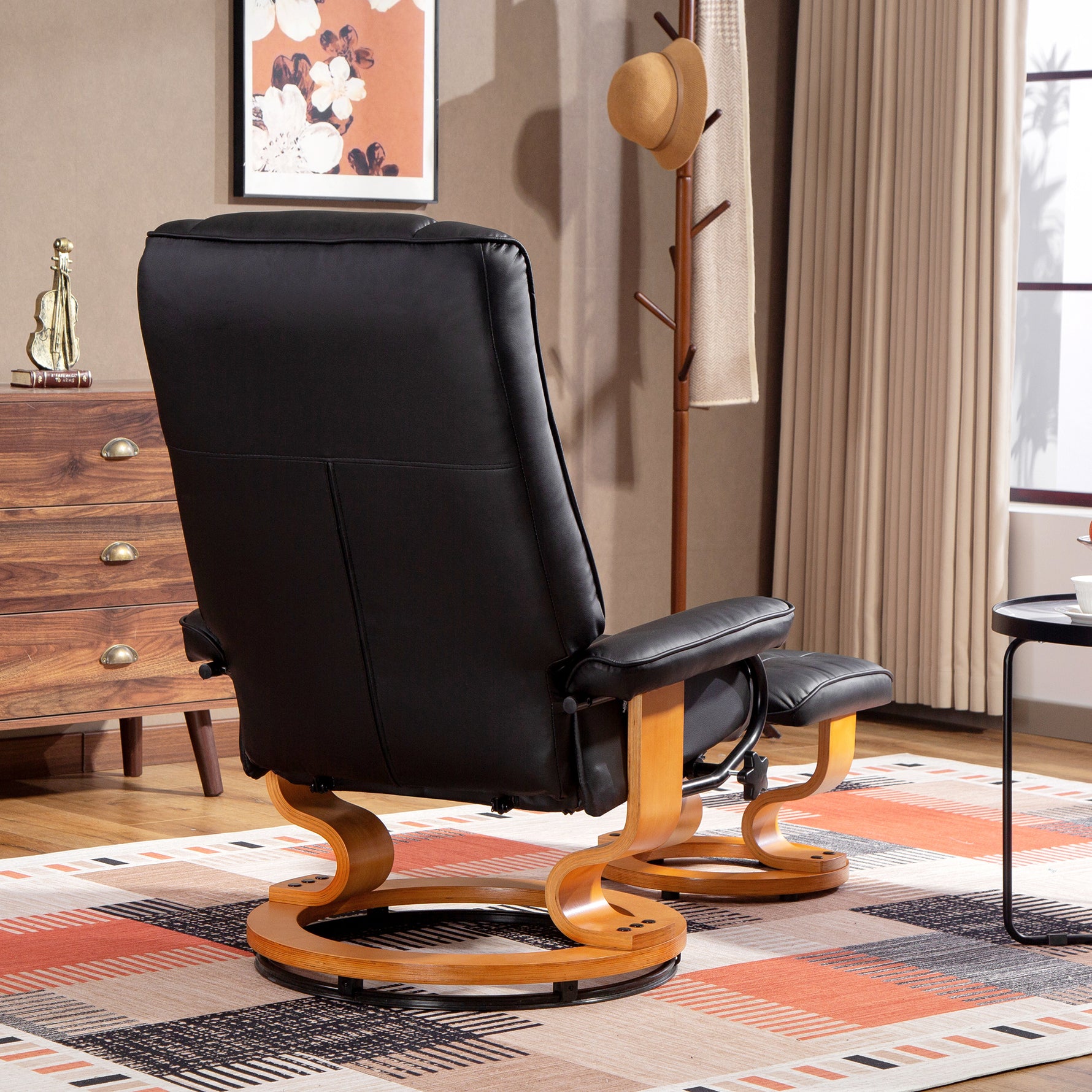 Fauteuil de relaxation inclinable avec repose-pied, pivotant, cadre en bois , revêtement synthétique noir