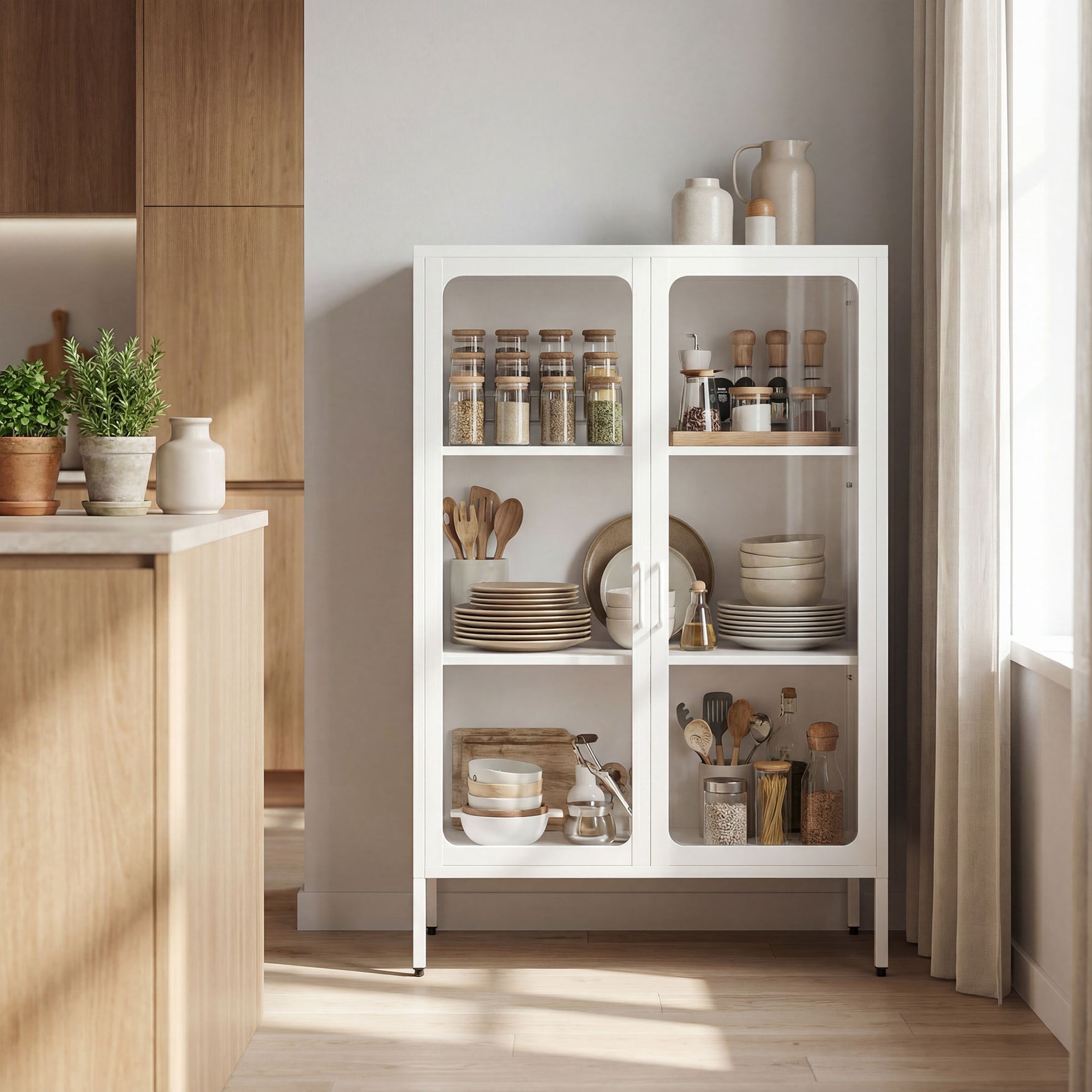 Armoire de bureau avec 2 portes en verre, 2 étagères réglables, meuble de rangement bureau en acier, 80x40x110cm, blanc