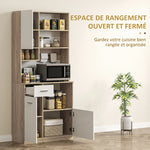 Armoire de cuisine haute, meuble de rangement moderne avec étagères réglables, tiroir, blanc et aspect bois