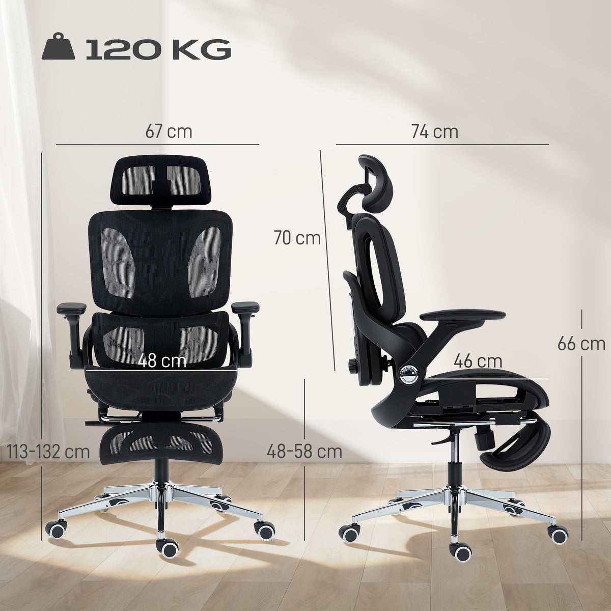 Ergonomischer Bürostuhl mit 4D-Armlehnen, verstellbarer Kopfstütze und Sitztiefe, Netzgewebe schwarz