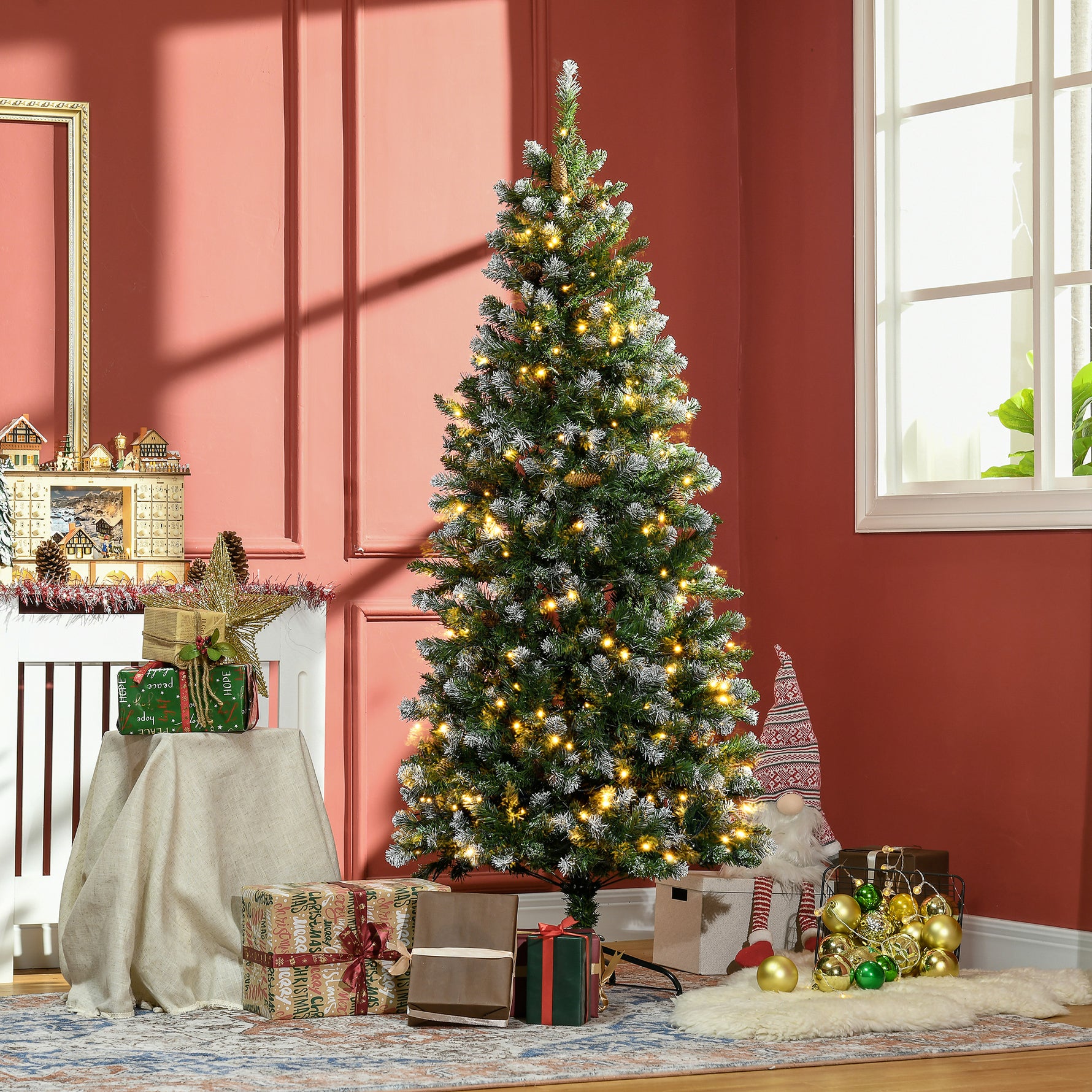 Sapin de Noël artificiel lumineux 703 branches 250 LED 30 pommes de pin support pied pliable hauteur 180 cm Ø 80 vert
