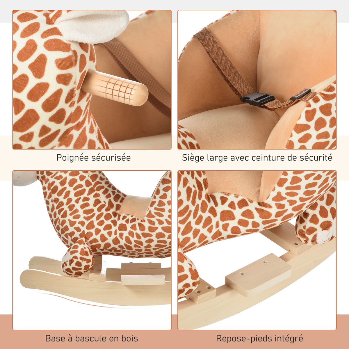 Jouet à Bascule modèle girafon Ceinture de sécurité Fonction Musicale 32 Pistes pour Enfant 18+Mois Marron Beige