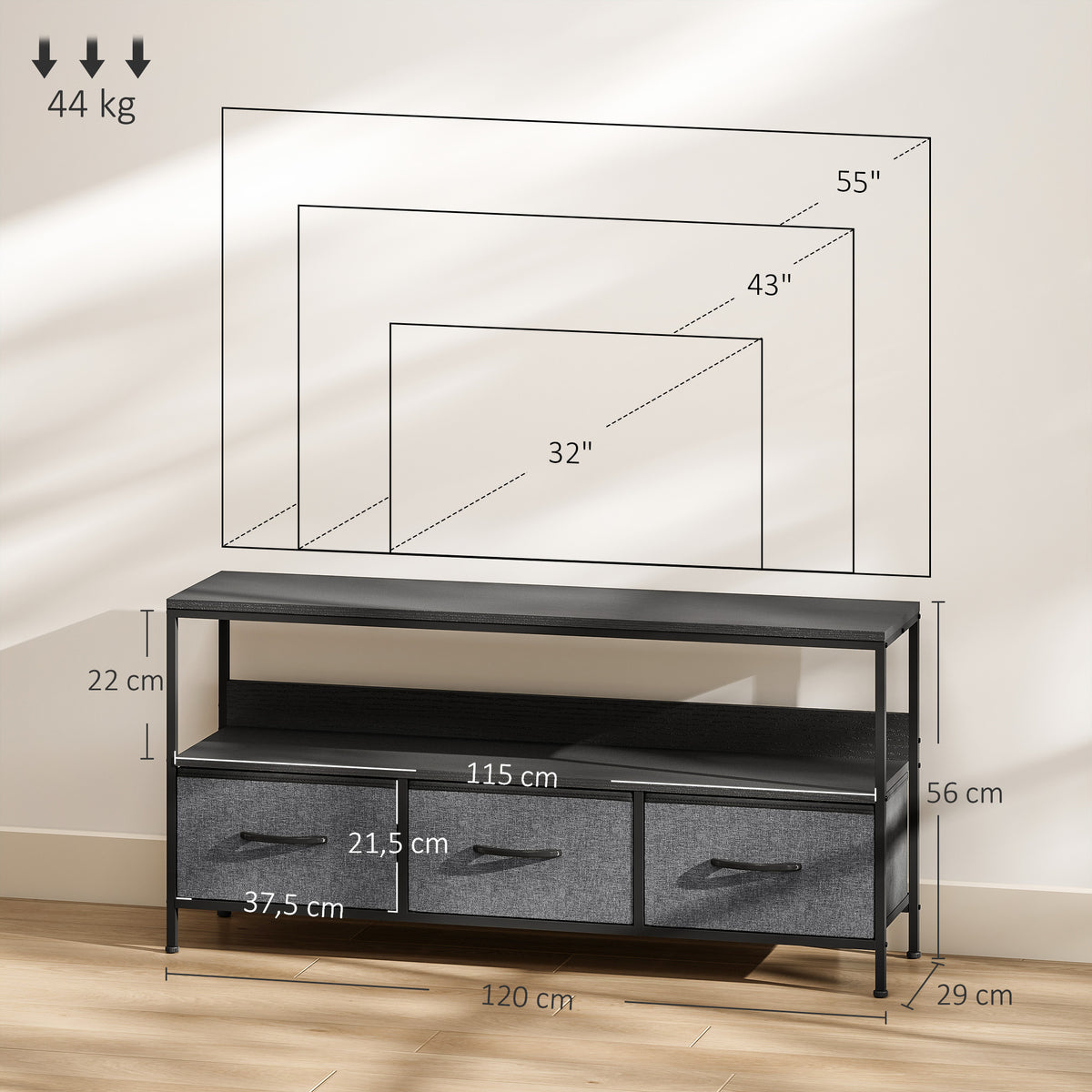 Meuble TV, meuble télé pour téléviseur jusqu'à 55 pouces avec 3 tiroirs et pieds en acier 120 x 29 x 56 cm noir