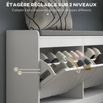 Banc à chaussures, banc de rangement, assise rembourrée, tiroir rabattable, porte avec motif 106 x 24 x 52,5 cm, blanc