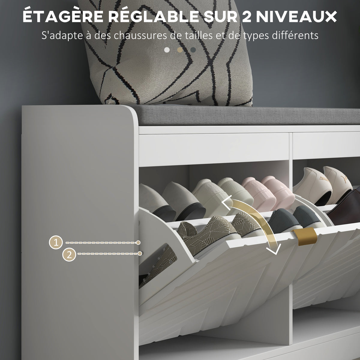 Banc à chaussures, banc de rangement, assise rembourrée, tiroir rabattable, porte avec motif 106 x 24 x 52,5 cm, blanc