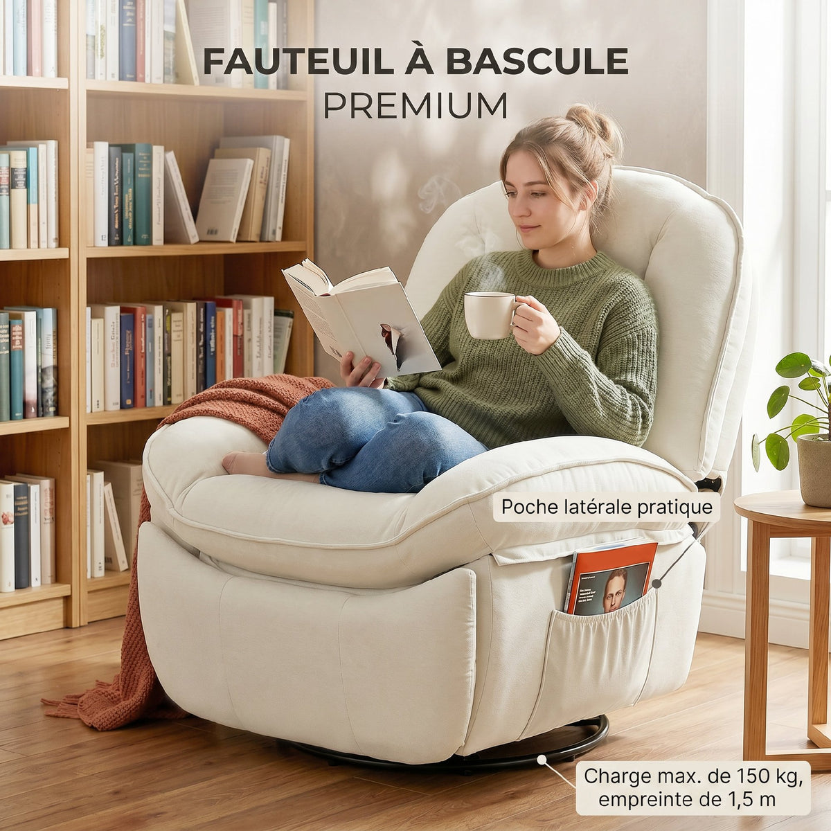 Fauteuil inclinable en chenille, fauteuil de relaxation pivotant à 360°, assise large, poches latérales, crème