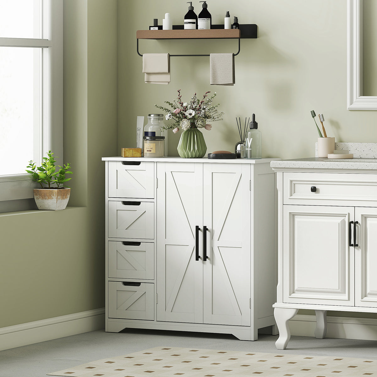 Meuble de salle de bain, meuble de rangement, avec 4 tiroirs, 1 placard, pour petits espaces, 81,2 x 30 x 83,8 cm, blanc